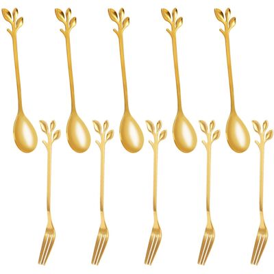 - Senza marca/Generico - 5Spoon+5Forks Stainless Steel Leaf Spoon Fork Dessert Spoons, Golden - Senza marca/Generico - 5Spoon+5Forks Stainless Steel Leaf Spoon Fork Dessert Spoons, Golden