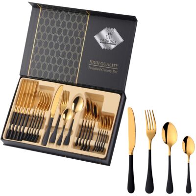 CLOSKYE (F) 24PCS Gold Cutlery Dinner Set Stainless Steel Dishes Fork Spoon Knife Set Ta CLOSKYE (F) 24PCS Gold Cutlery Dinner Set Stainless Steel Dishes Fork Spoon Knife Set Ta