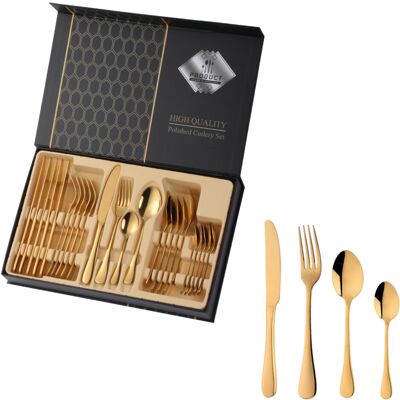 CLOSKYE (C) 24PCS Gold Cutlery Dinner Set Stainless Steel Dishes Fork Spoon Knife Set Ta CLOSKYE (C) 24PCS Gold Cutlery Dinner Set Stainless Steel Dishes Fork Spoon Knife Set Ta