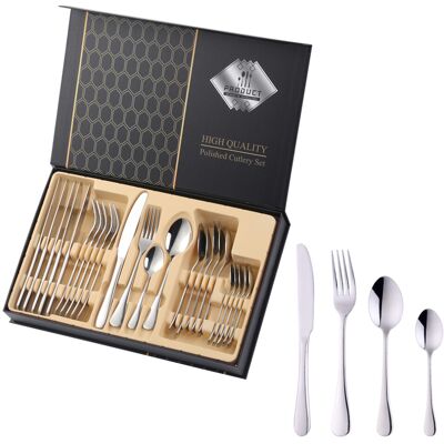 CLOSKYE (H) 24PCS Gold Cutlery Dinner Set Stainless Steel Dishes Fork Spoon Knife Set Ta CLOSKYE (H) 24PCS Gold Cutlery Dinner Set Stainless Steel Dishes Fork Spoon Knife Set Ta