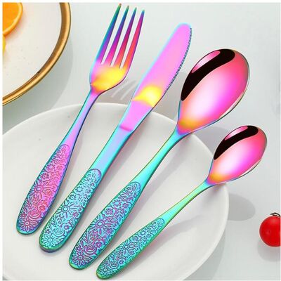 Unbranded (Multicolor, 32pcs) Rainbow Daisy Carved Cutlery Set, 24/32pcs Stainless Steel F Unbranded (Multicolor, 32pcs) Rainbow Daisy Carved Cutlery Set, 24/32pcs Stainless Steel F