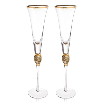Exogio 2Pcs Crystal Gold Rimmed Wine Glasses Set Elegant Diamond Decorative Long Stem C Exogio 2Pcs Crystal Gold Rimmed Wine Glasses Set Elegant Diamond Decorative Long Stem C