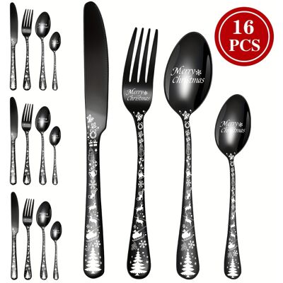 Unbranded (Black, 16pcs-4 servings) Merry Christmas Stainless Steel Flatware Set - Include Unbranded (Black, 16pcs-4 servings) Merry Christmas Stainless Steel Flatware Set - Include