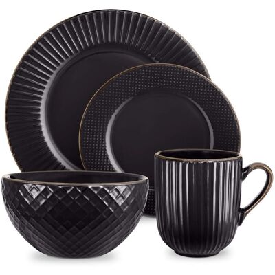 Tower T867002BLK Empire 16 Piece Dinnerware Set, Stoneware, Black and Brass Tower T867002BLK Empire 16 Piece Dinnerware Set, Stoneware, Black and Brass