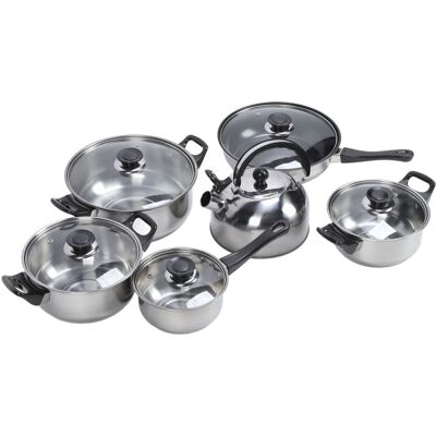 Unbranded Stainless Steel Cookware Set – Pans, Sauces, Kettle, Non-Stick & Glass Handles Unbranded Stainless Steel Cookware Set – Pans, Sauces, Kettle, Non-Stick & Glass Handles