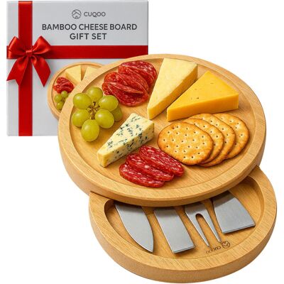 CUQOO Bamboo Cheese Board Set with 3 Knives & Fork ? Wooden Charcuterie Board, C CUQOO Bamboo Cheese Board Set with 3 Knives & Fork ? Wooden Charcuterie Board, C