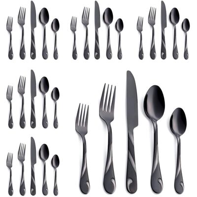 Seeshine 30 Piece Black Stainless Steel Cutlery Set for 6 People, 6 Sets of 5 Pi Seeshine 30 Piece Black Stainless Steel Cutlery Set for 6 People, 6 Sets of 5 Pi
