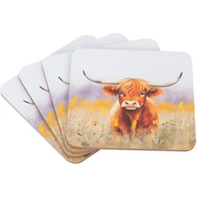 Coco & Gray Coaster Set of 4 Highland Cow Design Square MDF Cork Anti-Slip Mat Tableware Coco & Gray Coaster Set of 4 Highland Cow Design Square MDF Cork Anti-Slip Mat Tableware