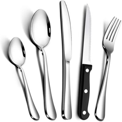 RayPard Silver 30-Piece Stainless-Steel Cutlery Set with Steak Knives Service fo RayPard Silver 30-Piece Stainless-Steel Cutlery Set with Steak Knives Service fo
