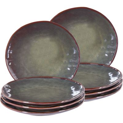 Beliani Set of 8 Dinner Plates THYME Stoneware Dark Green Beliani Set of 8 Dinner Plates THYME Stoneware Dark Green