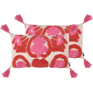 Beliani Set of 2 Decorative Cushions FRAKSINUS Cotton 30 x 50 cm Pink Geometric Pattern Beliani Set of 2 Decorative Cushions FRAKSINUS Cotton 30 x 50 cm Pink Geometric Pattern