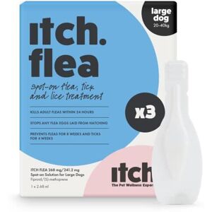 Itch Large Dog Flea & Tick Treatment Spot-On Solution Dogs 20kg+ Kills Fleas, L Itch Large Dog Flea & Tick Treatment Spot-On Solution Dogs 20kg+ Kills Fleas, L