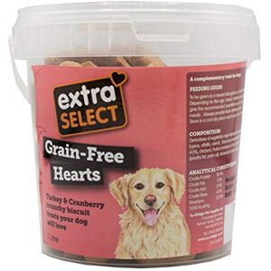 Extra Select Grain Free Baked Heart Shaped Dog Treat Biscuits with Turkey & Cranberry in a 1l Extra Select Grain Free Baked Heart Shaped Dog Treat Biscuits with Turkey & Cranberry in a 1l