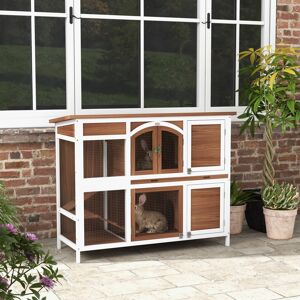PawHut Rabbit Hutch, Guinea Pig Hutch 2-Tier Wooden Cage w/ Ramp Roof, Brown PawHut Rabbit Hutch, Guinea Pig Hutch 2-Tier Wooden Cage w/ Ramp Roof, Brown