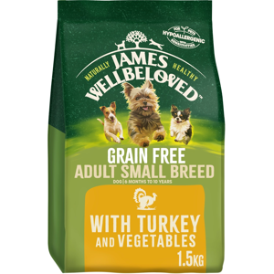 1.5kg James Wellbeloved Grain Free Adult Small Breed Dry Dog Food Turkey & Veg 1.5kg James Wellbeloved Grain Free Adult Small Breed Dry Dog Food Turkey & Veg