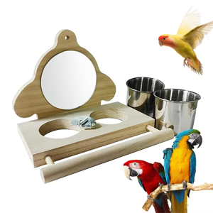 Jojomino Parrot Perch Wooden Parakeet Mirror Toy Bird with and Feeding Cups Cage Play for Jojomino Parrot Perch Wooden Parakeet Mirror Toy Bird with and Feeding Cups Cage Play for