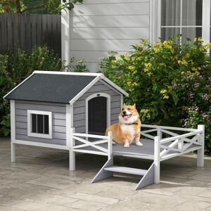 PawHut Wooden Dog House w/ Porch, Water-resistant Roof, for S M Dogs, Grey PawHut Wooden Dog House w/ Porch, Water-resistant Roof, for S M Dogs, Grey