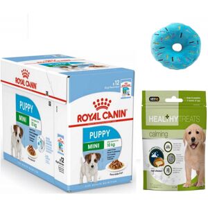 ROYAL CANIN Mini Puppy Food in Gravy x12 (85g) & Calming Treats. Donut Plush Squ ROYAL CANIN Mini Puppy Food in Gravy x12 (85g) & Calming Treats. Donut Plush Squ