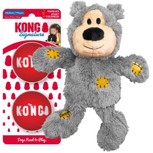 Kong Wild Knots Bear & Signature Balls (2 Pack) - Soft Bear Chew Toy with Rope I Kong Wild Knots Bear & Signature Balls (2 Pack) - Soft Bear Chew Toy with Rope I