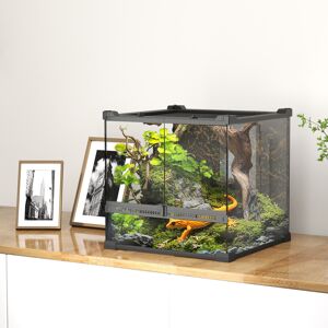 (M) PawHut Glass Terrarium, Reptile Vivarium with Stone Background, Black (M) PawHut Glass Terrarium, Reptile Vivarium with Stone Background, Black