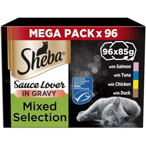 Sheba Sauce Lover Wet Cat Food Trays - Mixed Selection in Gravy, 96 x 85g Tend Sheba Sauce Lover Wet Cat Food Trays - Mixed Selection in Gravy, 96 x 85g Tend