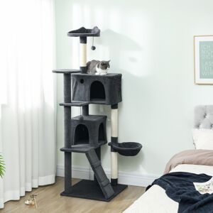 (Grey) PawHut 180cm Cat Tree Tower with Sisal Scratching Posts, Condos (Grey) PawHut 180cm Cat Tree Tower with Sisal Scratching Posts, Condos
