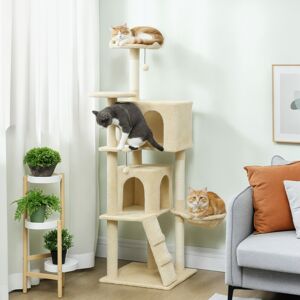 (Cream) PawHut 160cm Cat Tree Tower with Sisal Scratching Posts, Condos (Cream) PawHut 160cm Cat Tree Tower with Sisal Scratching Posts, Condos