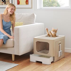 (Cream) PawHut Foldable Cat Litter Box with Lid, Slide-Out Drawer (Cream) PawHut Foldable Cat Litter Box with Lid, Slide-Out Drawer