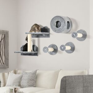 PawHut 5 PC Wall-Mounted Cat Tree Furniture Perch House Scratching Post Grey PawHut 5 PC Wall-Mounted Cat Tree Furniture Perch House Scratching Post Grey