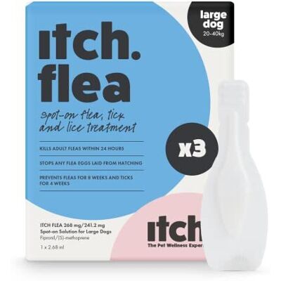 Itch Large Dog Flea & Tick Treatment Spot-On Solution Dogs 20kg+ Kills Fleas, L Itch Large Dog Flea & Tick Treatment Spot-On Solution Dogs 20kg+ Kills Fleas, L