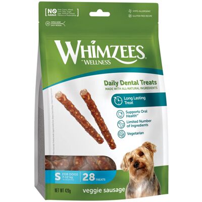 WHIMZEES By Wellness Veggie Sausage, Dog Dental Sticks, 28 Pieces, Size S, Dog B WHIMZEES By Wellness Veggie Sausage, Dog Dental Sticks, 28 Pieces, Size S, Dog B