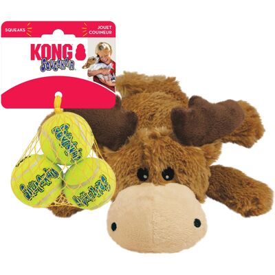 Kong Cozie Marvin Moose & SqueakAir Balls (3 Pack) - Dog Fetch & Chew Toys for F Kong Cozie Marvin Moose & SqueakAir Balls (3 Pack) - Dog Fetch & Chew Toys for F