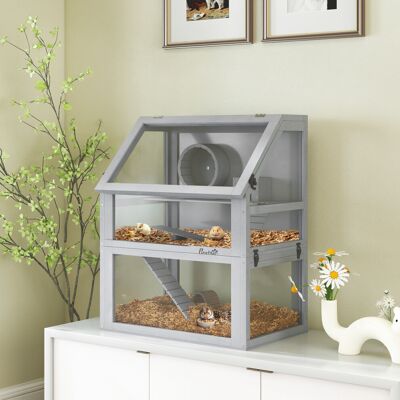 (Grey) PawHut Wooden Hamster Cage w/ Detachable Bottom, Hut, Seesaw (Grey) PawHut Wooden Hamster Cage w/ Detachable Bottom, Hut, Seesaw