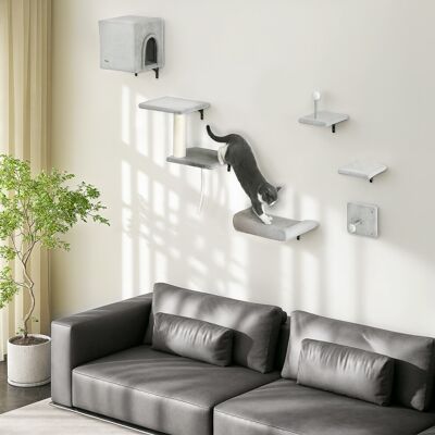 PawHut 6-Piece Cat Wall Furniture Set with Platforms Sisal Post Bed Toy Grey PawHut 6-Piece Cat Wall Furniture Set with Platforms Sisal Post Bed Toy Grey