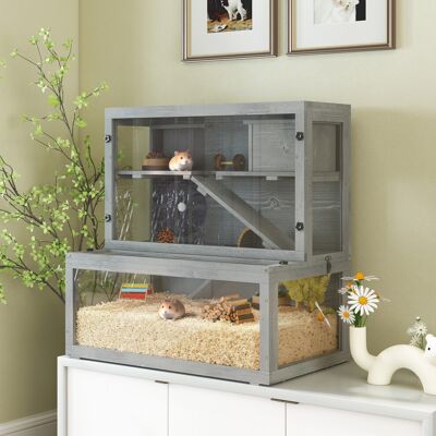 (Grey) PawHut 3 Tier Wooden Hamster Cage with Hut, Wheel, Ramps (Grey) PawHut 3 Tier Wooden Hamster Cage with Hut, Wheel, Ramps