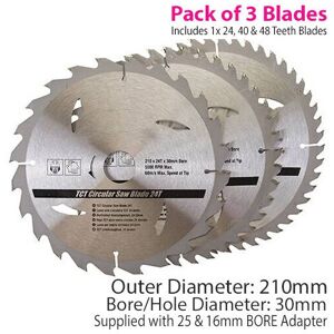 Loops QTY 3 TCT Circular Saw Blades 210mm x 30mm 25mm 16mm Fitting Rings Loops QTY 3 TCT Circular Saw Blades 210mm x 30mm 25mm 16mm Fitting Rings
