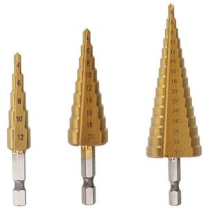 GreenZech 3Pcs 1/4 Inch Hex Shank HSS Titanium Coated Step Drill Bit Set 4-12/4-20/4-32mm GreenZech 3Pcs 1/4 Inch Hex Shank HSS Titanium Coated Step Drill Bit Set 4-12/4-20/4-32mm