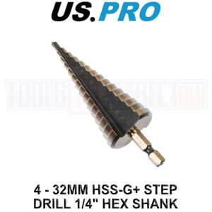 US PRO Tools 4 - 32mm HSS-G+ Step Drill Step Cone 1/4" Hex Shank 7131 US PRO Tools 4 - 32mm HSS-G+ Step Drill Step Cone 1/4" Hex Shank 7131