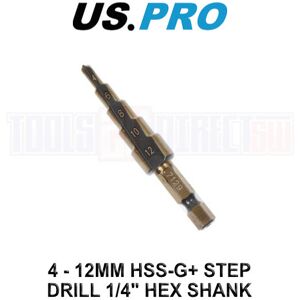 US PRO Tools 4 - 12mm HSS-G+ Step Drill Step Cone 1/4" Hex Shank 7129 US PRO Tools 4 - 12mm HSS-G+ Step Drill Step Cone 1/4" Hex Shank 7129