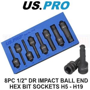 US PRO Tools 8pc 1/2" DR Impact Ball End Hex Allen Bit Sockets H5 - H19 7518 US PRO Tools 8pc 1/2" DR Impact Ball End Hex Allen Bit Sockets H5 - H19 7518