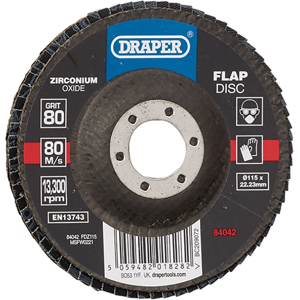Draper 115MM FLAP DISC 80G ZR 84042 Zirconium Oxide Flap Discs, 115 x 22.23mm Draper 115MM FLAP DISC 80G ZR 84042 Zirconium Oxide Flap Discs, 115 x 22.23mm