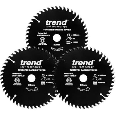 Trend Wood PTFE Circular Saw Blades, Triple Pack, 165mm Diameter, 20mm Bore, 48 Trend Wood PTFE Circular Saw Blades, Triple Pack, 165mm Diameter, 20mm Bore, 48