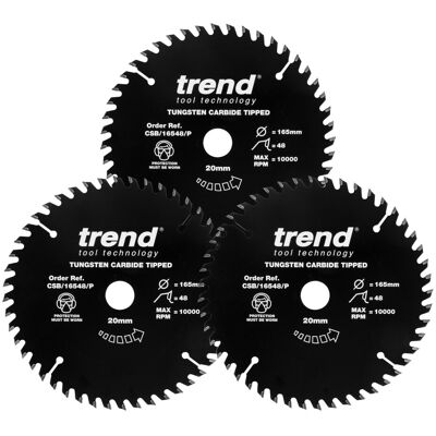 Trend Wood PTFE Circular Saw Blades, Triple Pack, 160mm Diameter, 20mm Bore, 48 Trend Wood PTFE Circular Saw Blades, Triple Pack, 160mm Diameter, 20mm Bore, 48