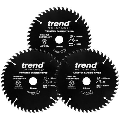 Trend Wood PTFE Circular Saw Blades, Triple Pack, 165mm Diameter, 20mm Bore, 48 Trend Wood PTFE Circular Saw Blades, Triple Pack, 165mm Diameter, 20mm Bore, 48