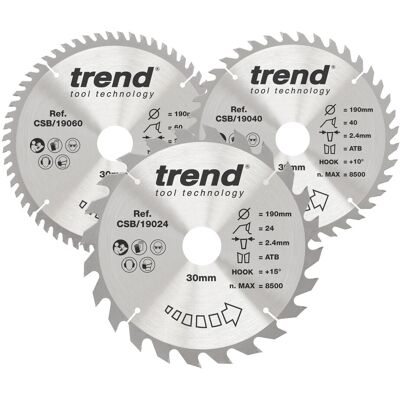 Trend Wood Circular Saw Blades, 190mm Diameter, 30mm Bore, 24/40/60 Teeth, 2.6mm Trend Wood Circular Saw Blades, 190mm Diameter, 30mm Bore, 24/40/60 Teeth, 2.6mm