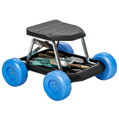Outsunny Garden Cart with Wheels, Tool Tray for Weeding, Planting, Blue Outsunny Garden Cart with Wheels, Tool Tray for Weeding, Planting, Blue