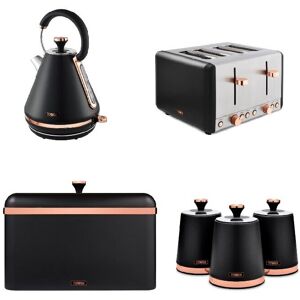 Tower Cavaletto Black Rose Gold Pyramid Kettle, 4 Slice Toaster Breadbin Canisters Set Tower Cavaletto Black Rose Gold Pyramid Kettle, 4 Slice Toaster Breadbin Canisters Set