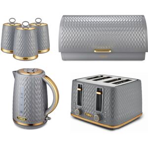 Tower Empire Grey Jug Kettle 4 Slice Toaster Bread Bin & Canisters Set Tower Empire Grey Jug Kettle 4 Slice Toaster Bread Bin & Canisters Set