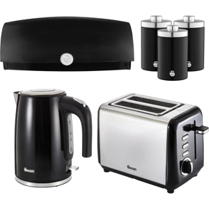 Swan TownHouse Black Kettle, 2 Slice Toaster, Bread Bin Canisters Set Swan TownHouse Black Kettle, 2 Slice Toaster, Bread Bin Canisters Set