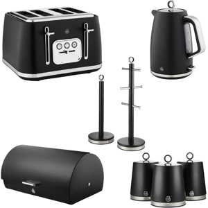 Swan Serenity Black Kettle, 4 Slice Toaster, Bread Bin, Canisters Set Swan Serenity Black Kettle, 4 Slice Toaster, Bread Bin, Canisters Set